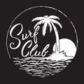 Surf Club inscription with palm tree,ocean and sun. Royalty Free Stock Photo