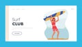 Surf Club Landing Page Template. Surfing Vacation Extreme Leisure, Fun. Recreation in Ocean. Young Woman Surfer Royalty Free Stock Photo