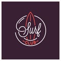 Surf club logo. Round linear logo of surfboard