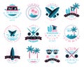 Surf Club Logo and Summer Holiday Beach Label with Surfboard and Palm Vector Set Royalty Free Stock Photo