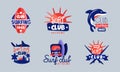 Surf club logo templates set. Extreme surfing, summer vacation, holiday adventures retro badges Royalty Free Stock Photo