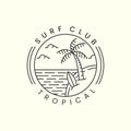 surf club tropical beach with emblem and line art style logo icon template design. palm tree, cloud, sea, vector illustration Royalty Free Stock Photo