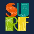 Surf emblem with hand drawn of the sun, wave, palm and surfboard