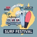 Surf Festival Poster With Retro Bus, Surfboards And Sea Waves.