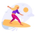 Surf girls with surfboard riding a wave. Cartoon vector Illustration in flat style. Summertime template with sun tanned Royalty Free Stock Photo