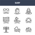 9 surf icons pack. trendy surf icons on white background. thin outline line icons such as jet ski, sunset, drowning . surf icon Royalty Free Stock Photo