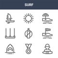 9 surf icons pack. trendy surf icons on white background. thin outline line icons such as surfer, wind socket, sun . surf icon set Royalty Free Stock Photo