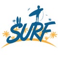 surf lettering with surfer on palm tree background Royalty Free Stock Photo