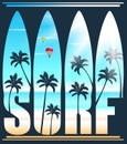 Surf Lettering Vector Illustration with Palm Trees at the Beach Royalty Free Stock Photo