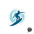 Surf logo with man silhouette, board and sea waves.