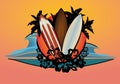 Surf logo with palms and hibiscus flowers