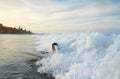 Surf In Ocean. Surfer Girl Swimming On Surfboard. Surfing Woman In Splashing Sea.