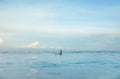 Surf In Ocean. Surfing Girl On Surfboard Swimming In Sea. Surfer In Blue Wetsuit Practicing On Waves.