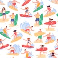 Surf pattern. Hawaii girls and boys swim in tropical beach clothers and bikini, summer people with retro wave board, man