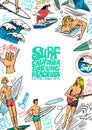 Surf poster. Vintage Surfer banner. Retro Wave and palm. Summer California card. Man on the surfboard, beach and sea Royalty Free Stock Photo
