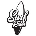 Surf rider lettering poster. Surfing related t-shirt design. Vector vintage illustration