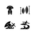 Surf riding black glyph icons set on white space