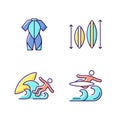 Surf riding RGB color icons set