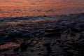 Surf on rocky beach at dusk with sunset reflection on waves