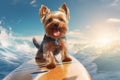 Surf\'s Up, Yorkie Style: Sunglassed Pooch Enjoys Beachside Surfing Fun - Generative AI