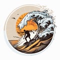Surf scene with pipeline wave and rider. Extreme sport and active lifestyle concept. vector illustration, white background, label