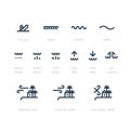 Surf school icon set, low, high tide, rip current, offshore onshore wind