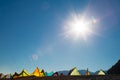 Surf school summer sunny day kites on beach background