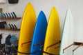 Surf Shop. Set Of Surfboards Standing In Stack At Rental Place On Beach. Water Sport Equipment, Active Lifestyle At Tropical Ocean
