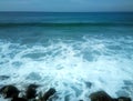 Surf on shores of Indian ocean and overgrown with algae stones