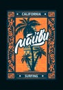 Surf sport Malibu poster with lettering and typography. T-shirt design graphics, vectors