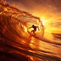 surf on sunset sea ,surfer silhouette on sunset sea water wave splash on sun light flares Royalty Free Stock Photo