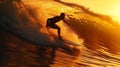 surf on sunset sea ,surfer silhouette on sunset sea water wave splash on sun light flares Royalty Free Stock Photo
