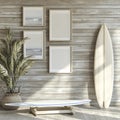 Surf-Themed Frame Mockup on Rustic Wooden Wall for Social Media Design Royalty Free Stock Photo