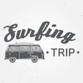 Surf trip concept Vector Summer surfing retro badge. Beach surfer emblem , rv outdoors banner, vintage background. Royalty Free Stock Photo