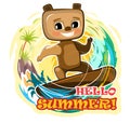 Surf tube. Fun cute teddy bear goes in for sports on the water. Summer vacation in tropic ocean. Adventure and travel on