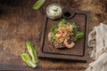 Surf and turf or beef steak with shrimps on top Royalty Free Stock Photo
