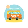 Surf Van on the Beach. Flat Design. Vector Royalty Free Stock Photo