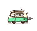 Surf van driving to the beach with surfboards on. Vector summer holidays doodle illustration. Hand drawn icon Royalty Free Stock Photo
