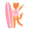 Surf vector cat animal surfer character surfing on surfboard illustration animalistic cartoon young sportsman kitty girl
