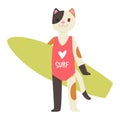 Surf vector cat animal surfer character surfing on surfboard illustration animalistic cartoon young sportsman kitty girl