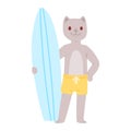 Surf vector cat animal surfer character surfing on surfboard illustration animalistic cartoon young sportsman kitty girl