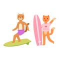 Surf vector cat dog animal surfer character surfing on surfboard illustration animalistic set of cartoon young sportsman