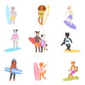 Surf vector cat dog animal surfer character surfing on surfboard illustration animalistic set of cartoon young sportsman Royalty Free Stock Photo