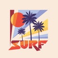 Surf - vector illustration concept in vintage graphic style for t-shirt and other print production. Palms, sun illustration. Badge Royalty Free Stock Photo