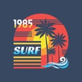 Surf - vector illustration concept in vintage graphic style for t-shirt and other print production. Palms, sun illustration. Badge Royalty Free Stock Photo