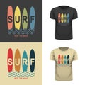 Surf wear typography emblem. Ride the wave. Surfing t-shirt graphic design. Surfers print stamp. Creative design