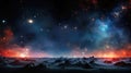 The surface of an alien planet in space. Nebula sky with distant stars