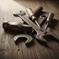 Surface with assorted tools two metal wrenches with engraved numbers a Royalty Free Stock Photo