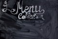 Surface is a black chalkboard with the inscription coffee menu and streaks of erased chalk