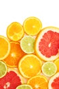 Surface covered with citrus sliced fruits over white isolated background